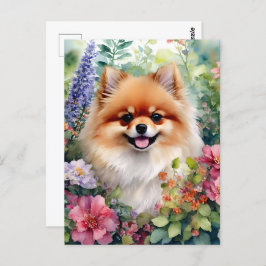 Postal Retrato de acuarela floral de Pomerania