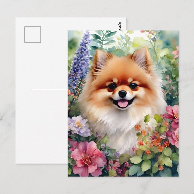 Postal Retrato de acuarela floral de Pomerania (Anverso / Reverso)