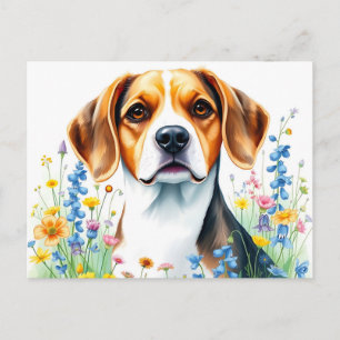Postal Retrato de Beagle en Acuarela con Flor Silvestre V