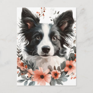 Postal Retrato de Border Collie con marco floral