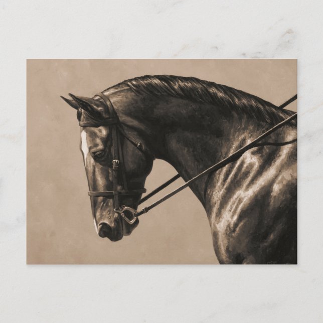 Postal Retrato de caballo de Brown Bay Oldenburg Sepia (Anverso)