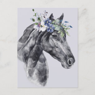 Postal Retrato de caballo negro de flor acuarela