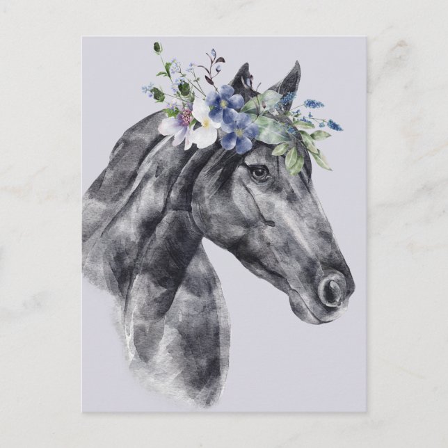 Postal Retrato de caballo negro de flor acuarela (Anverso)