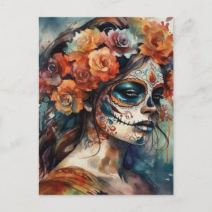 Postal Retrato de Catrina en acuarela del Día de los Muer