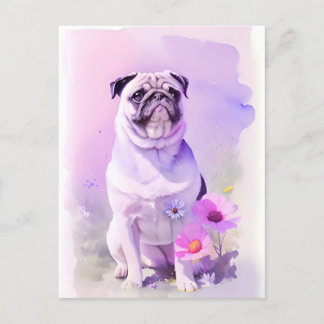 Postal Retrato de color de agua Pug 1