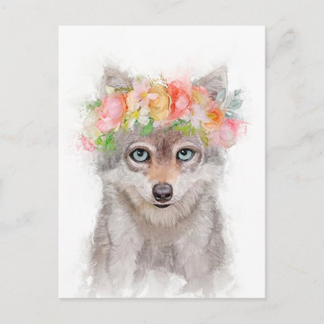 Postal Retrato de corona de flor Wolf Cub (Anverso)