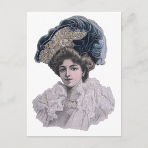 Postal Retrato de dama eduardiana vintage Sombrero azul