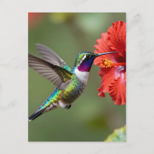 Postal Retrato de flor de hibisco con colibrí iridiscente