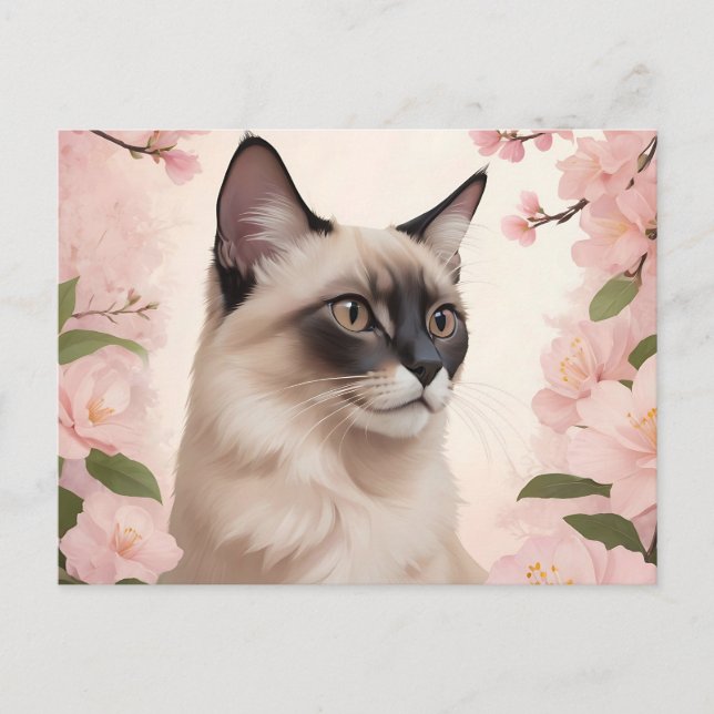 Postal Retrato de gato balinés con flores floreciendo (Anverso)