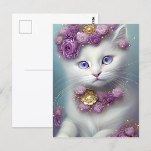 Postal Retrato de gato blanco floral y caprichoso