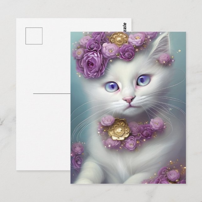Postal Retrato de gato blanco floral y caprichoso (Anverso / Reverso)