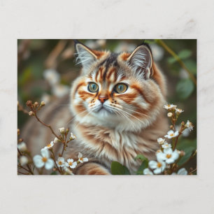 Postal Retrato de gato botánico con flores delicadas