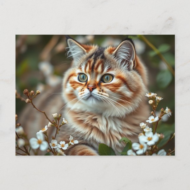 Postal Retrato de gato botánico con flores delicadas (Anverso)