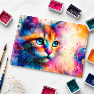 Postal Retrato de gato con acuarela caprichosa