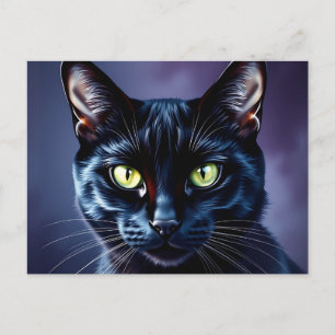 Postal Retrato de gato negro con ojos verdes