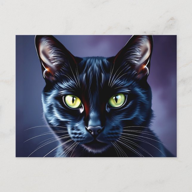 Postal Retrato de gato negro con ojos verdes (Anverso)