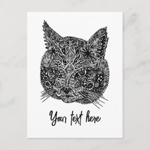 Postal Retrato de gato ornamental blanco y negro