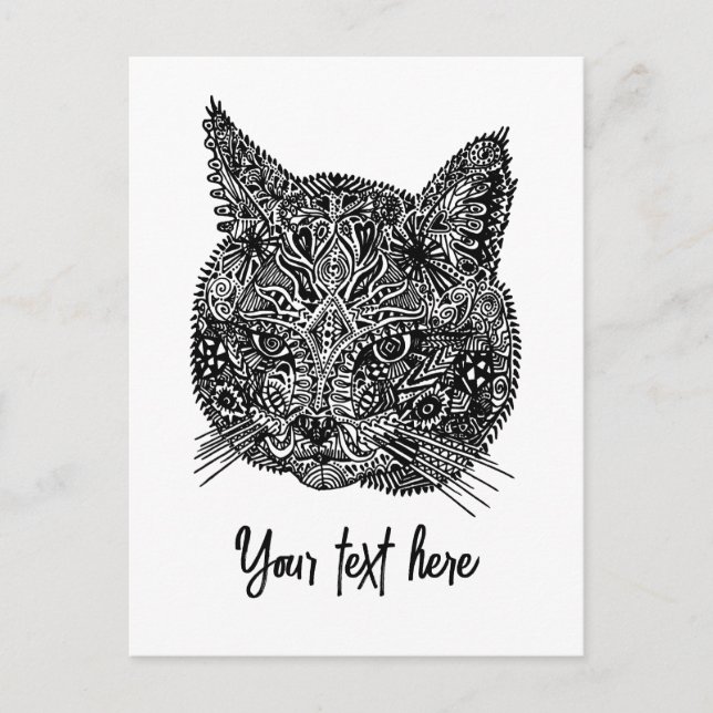 Postal Retrato de gato ornamental blanco y negro (Anverso)
