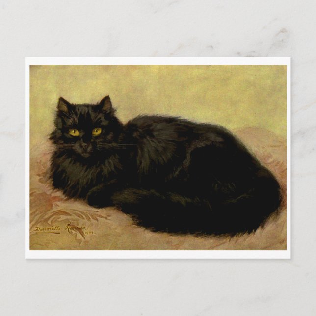 Postal Retrato de gato persa negro elegante vintage (Anverso)