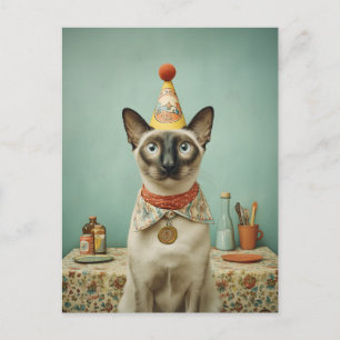 Postal Retrato de gato siamés vintage con sombrero de fie