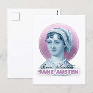 Postal Retrato de Jane Austen y rosa de la firma