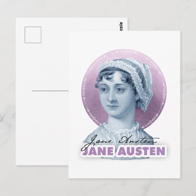 Postal Retrato de Jane Austen y rosa de la firma (Anverso / Reverso)