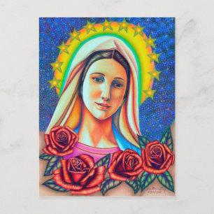 Postal Retrato de la Madre María con rosas rojas