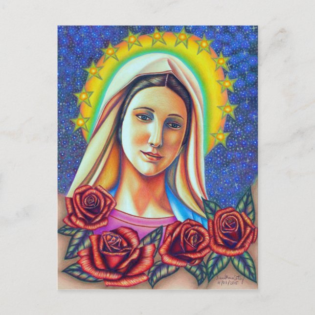 Postal Retrato de la Madre María con rosas rojas (Anverso)