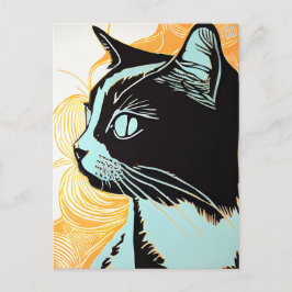 Postal Retrato de Linocut de un gato en perfil