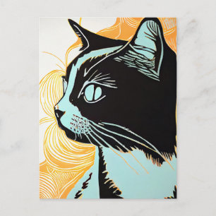 Postal Retrato de Linocut de un gato en perfil