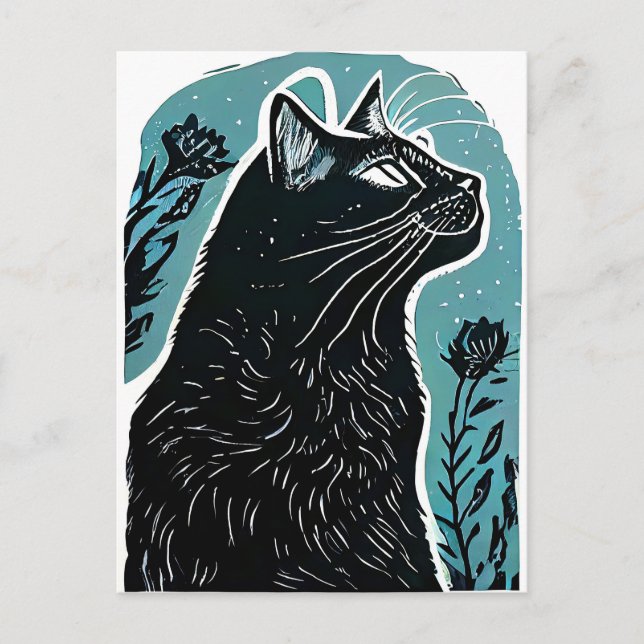 Postal Retrato de Linocut de un gato en perfil (Anverso)