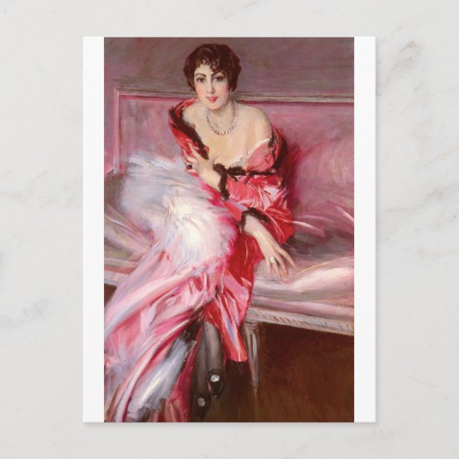 Postal Retrato de Madame Juillard en rojo por Boldini (Anverso)