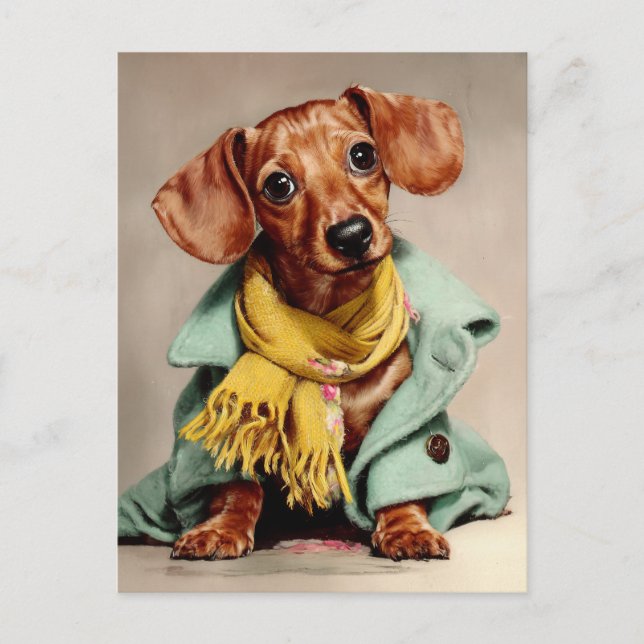Postal Retrato de moda de Dachshund acogedor (Anverso)