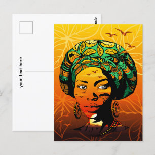 Postal Retrato de mujer africana con puesta de sol