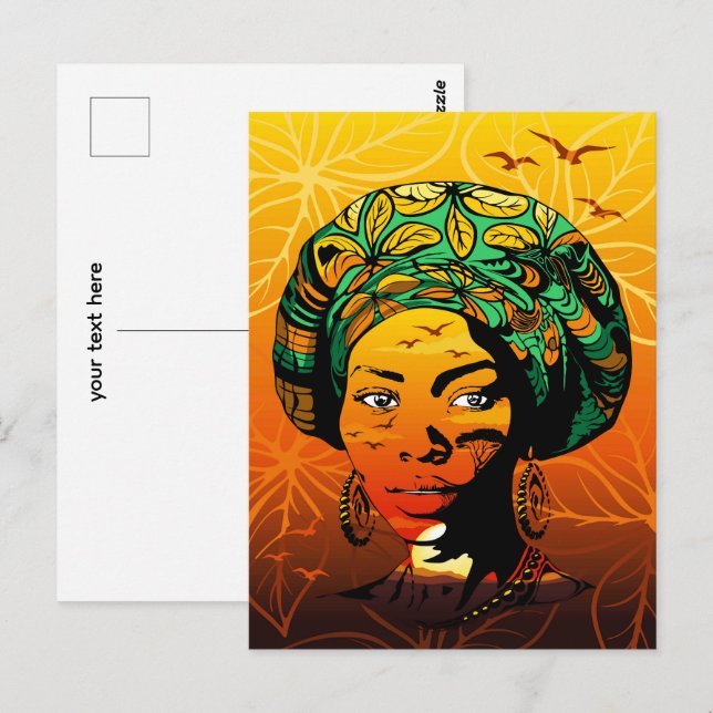 Postal Retrato de mujer africana con puesta de sol (Anverso / Reverso)