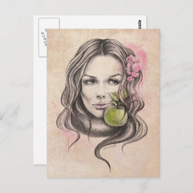 Postal Retrato de mujer con manzana y flor Arte surrealis (Anverso / Reverso)