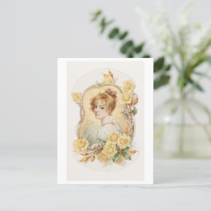 Postal Retrato de mujer enmarcado con rosas amarillas