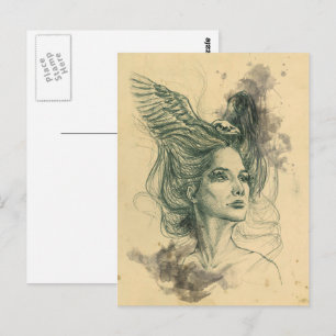 Postal Retrato de mujer fantasía Alas de cráneo de pájaro