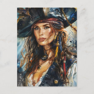 Postal Retrato de mujer pirata en acuarela