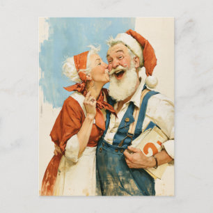 Postal Retrato de Navidad de la Sra. Claus besando a Sant
