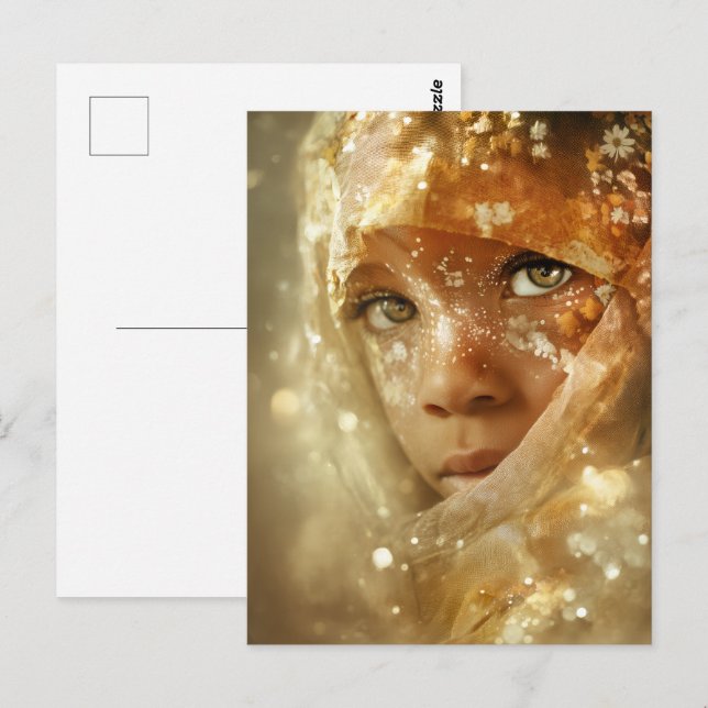 Postal Retrato de niños soñadores | Mirada de velo dorado (Anverso / Reverso)