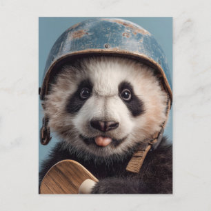 Postal Retrato de Panda Gigante con Casco Azul Vintage