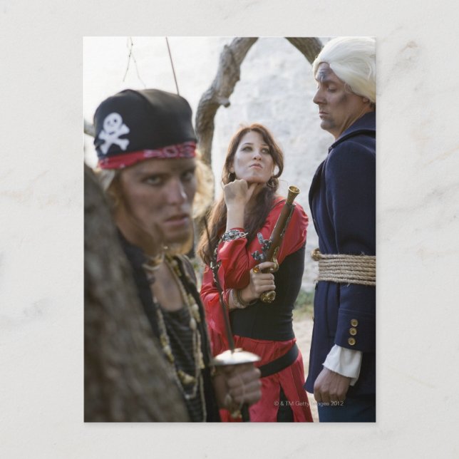 Postal Retrato de piratas sosteniendo y amenazando a un (Anverso)