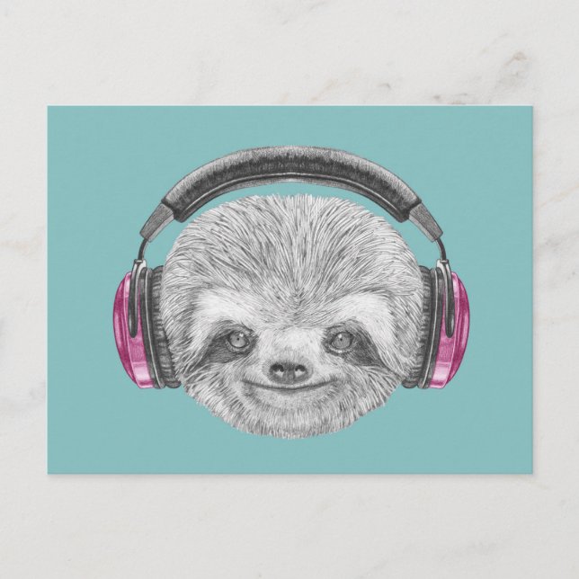 Postal Retrato De Sloth | Uso de audífonos (Anverso)