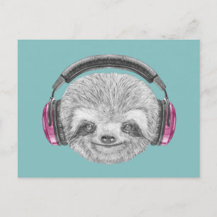 Postal Retrato De Sloth Uso de audífonos