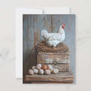Postal Retrato de un pollo con huevos