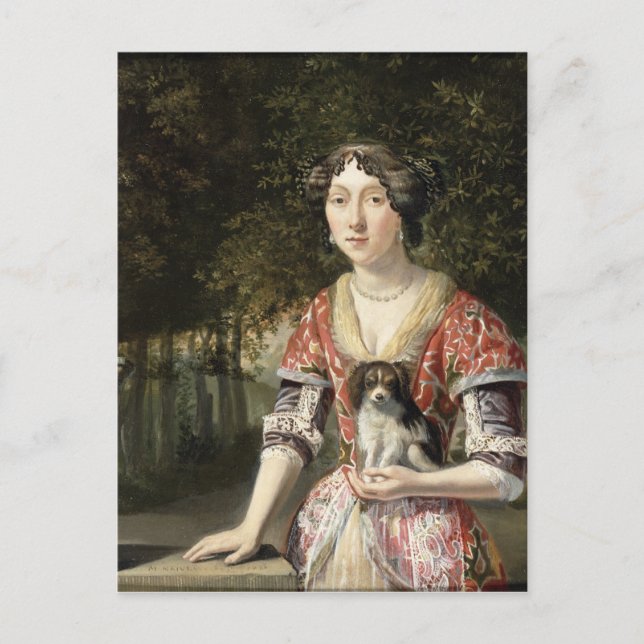 Postal Retrato de una dama con un vestido rojo y blanco (Anverso)