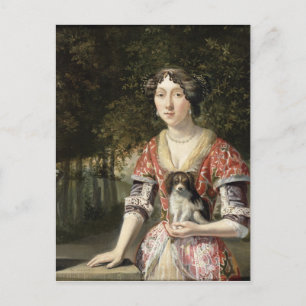 Postal Retrato de una dama con un vestido rojo y blanco