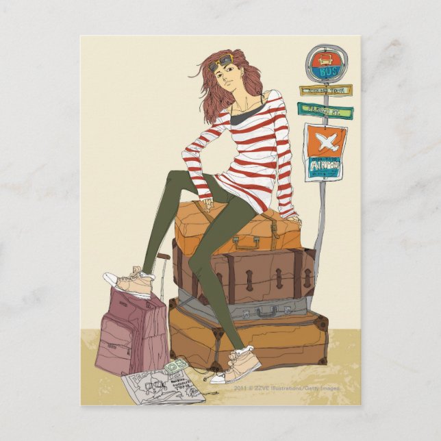 Postal Retrato de una joven sentada en una maleta (Anverso)