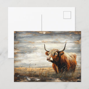 Postal Retrato de vaca Highland en madera meteorológica